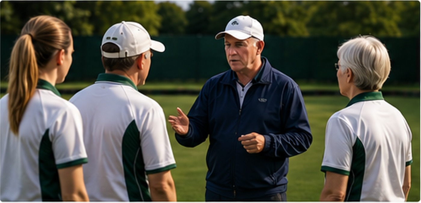 Coach supporting a player during a lawn bowls session